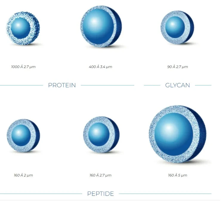 AMT HALO BIOCLASS HPLC kolony: Velikosti částic