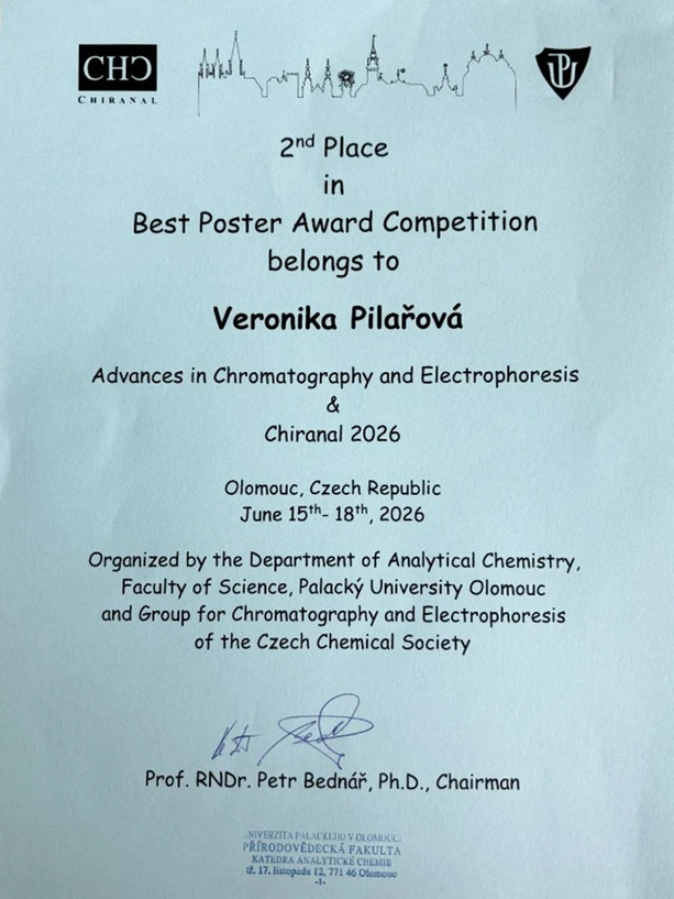 Archiv PharmDr. Veroniky Pilařové, Ph.D.: Dr. Veronika Pilařová z výzkumné skupiny Analytical Chemistry Group si z letošního Chiranalu přivezla cenu za 2. místo v Best Poster Award