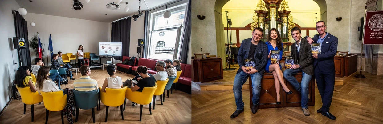 Forum: Magazín Univerzity Karlovy/Veronika Vachule Nehasilová, Vladimír Šigut: Na fotografii vpravo se spoluautory knihy Úvod do komunikace vědy. Zcela vlevo bývalý šéfredaktor magazínu Forum Martin Rychlík.