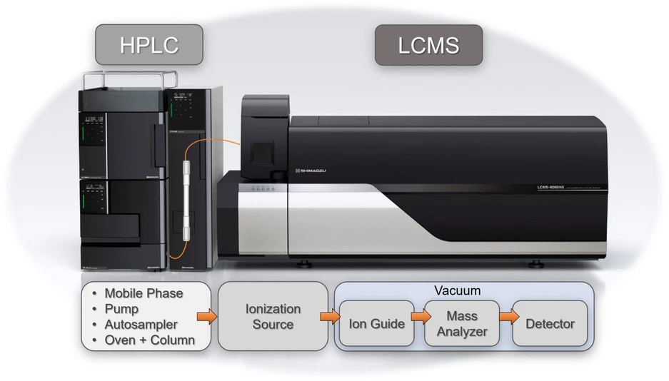 Shimadzu HPLC Blog: Obrázek 2: Typické zapojení LC separačního systému přes LCMS rozhraní, za kterým následuje ionizační zdroj a hmotnostní analyzátor.