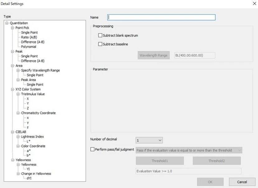 Shimadzu: Obr. 2 Okno pokročilých nastavení ve funkci spektrální evaluace