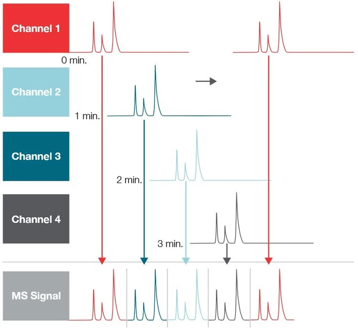 Thermo Scientific™ Transcend™ Multichannel UHPLC Systems: Nástřiky jsou prokládány, aby se maximalizovala průchodnost a využití hmotnostního spektrometru.