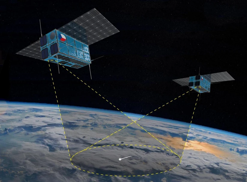 Ústav fyzikální chemie J. Heyrovského AV ČR: Vizualizace mise SLAVIA Dva mikrosatelity v tandemu pozorují pomocí kamery Vesna z různých úhlů meteor. Antény Říp zaznamenají v tu samou chvíli jeho rádiový signál. V boční části prvního a v přední straně druhého ze satelitů jsou vstupy pro dopad meziplanetárního prachu analyzovaného hmotnostním spektrometrem HANKA.